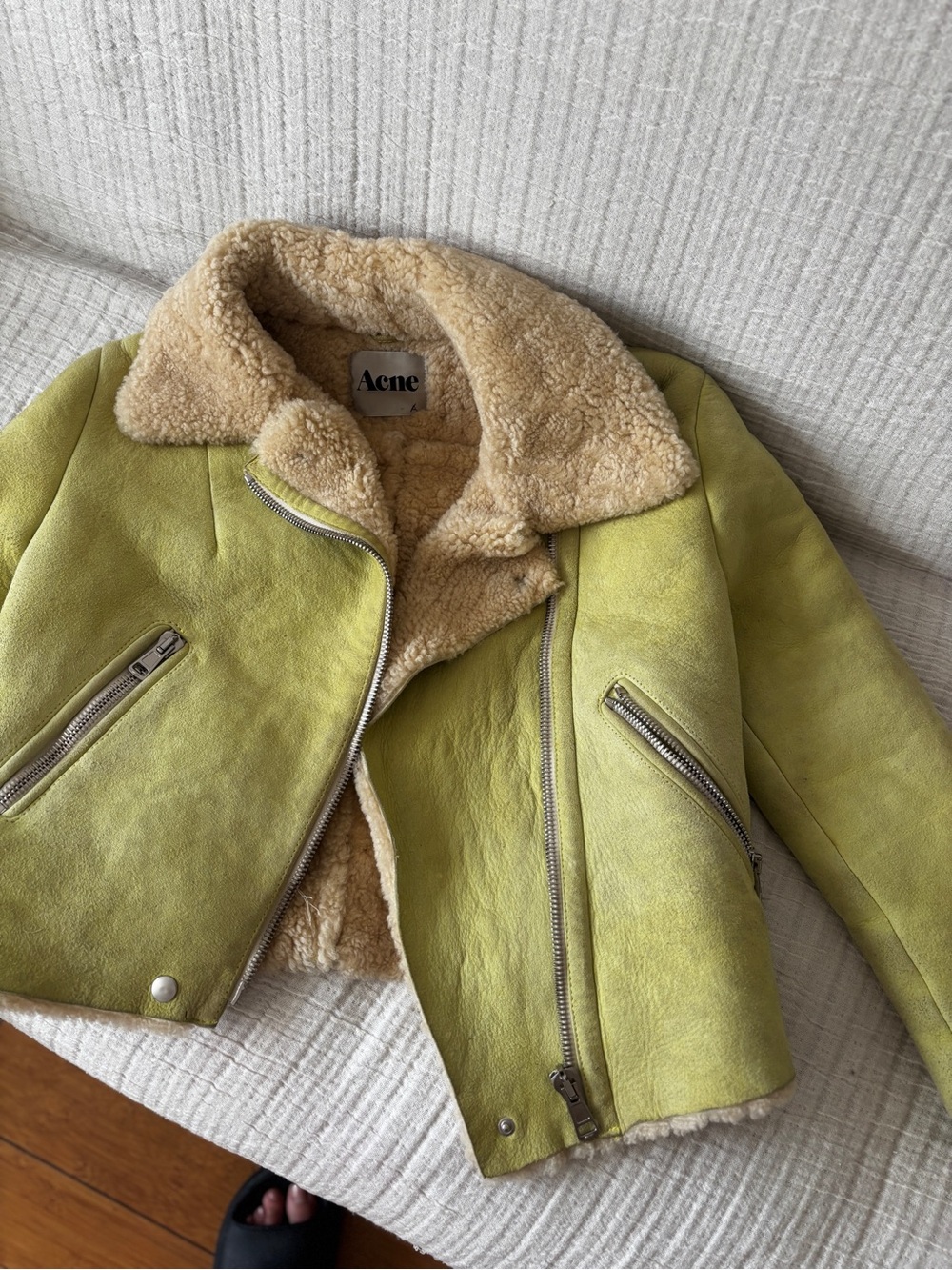 Acne Rita Chartreuse Shearling Biker Jacket Xs-S